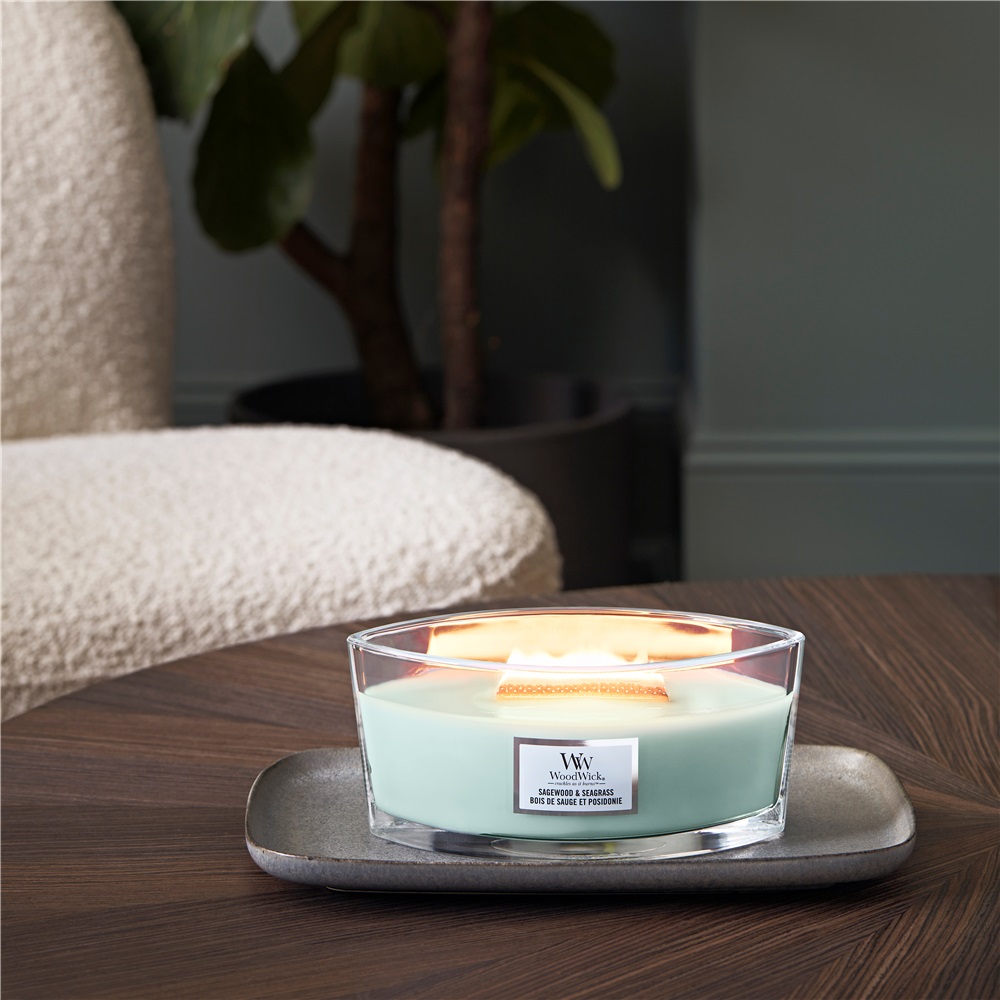 WoodWick Candela Profumata Ellipse Sagewood & Seagrass 453,6 g - Fragranza Leggera e Sofisticata