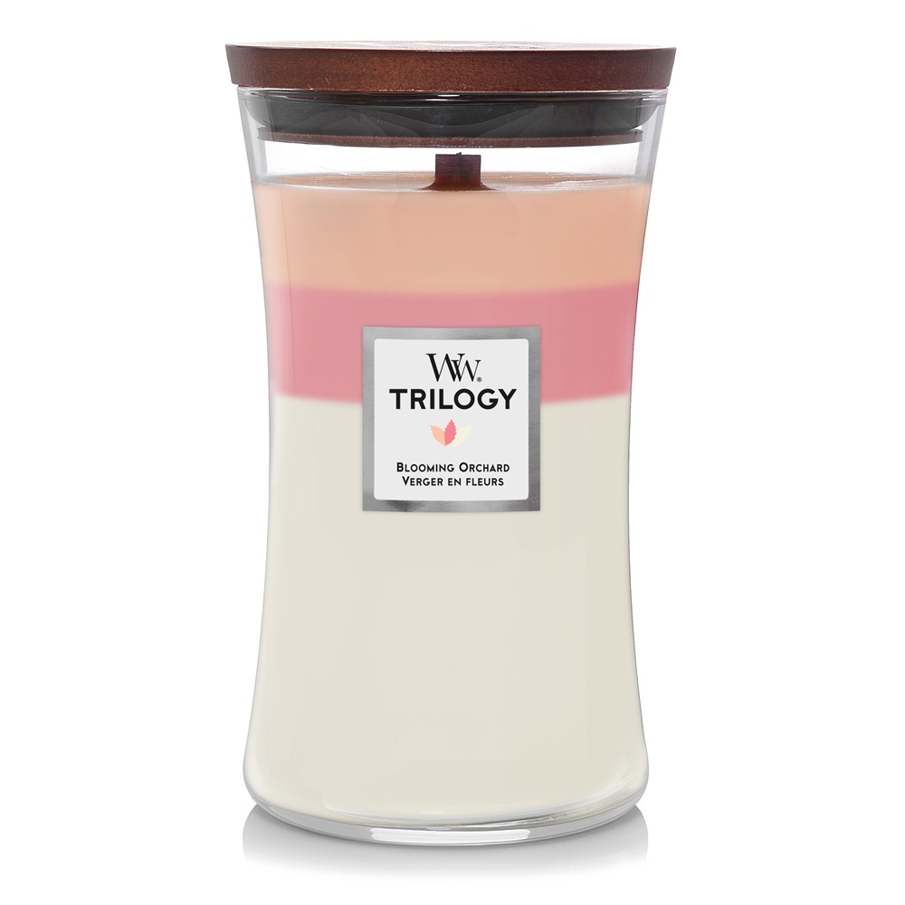 WoodWick Candela Profumata Blooming Orchard Large Jar 609,5 g - Fragranza Fruttata e Floreale in Vetro a Clessidra, Colori Bianco e Rosa