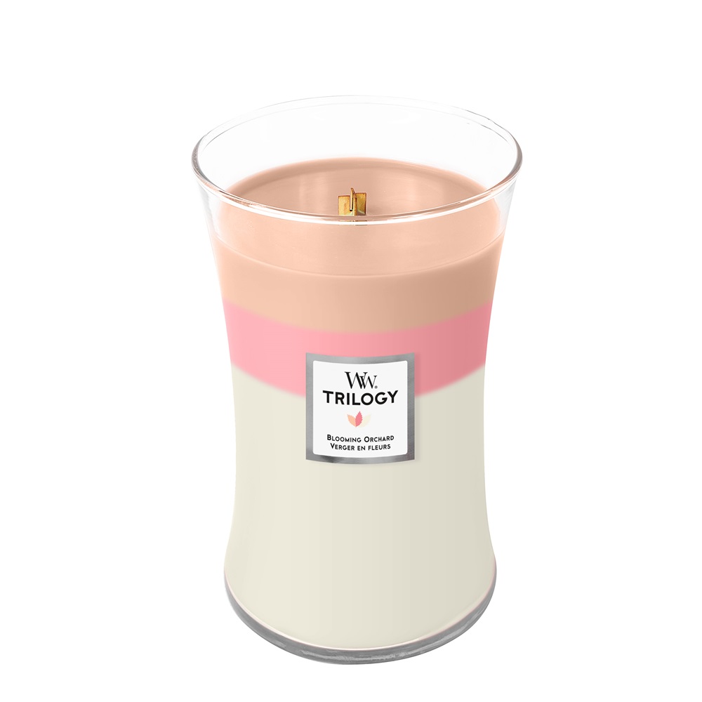 WoodWick Candela Profumata Blooming Orchard Large Jar 609,5 g - Fragranza Fruttata e Floreale in Vetro a Clessidra, Colori Bianco e Rosa