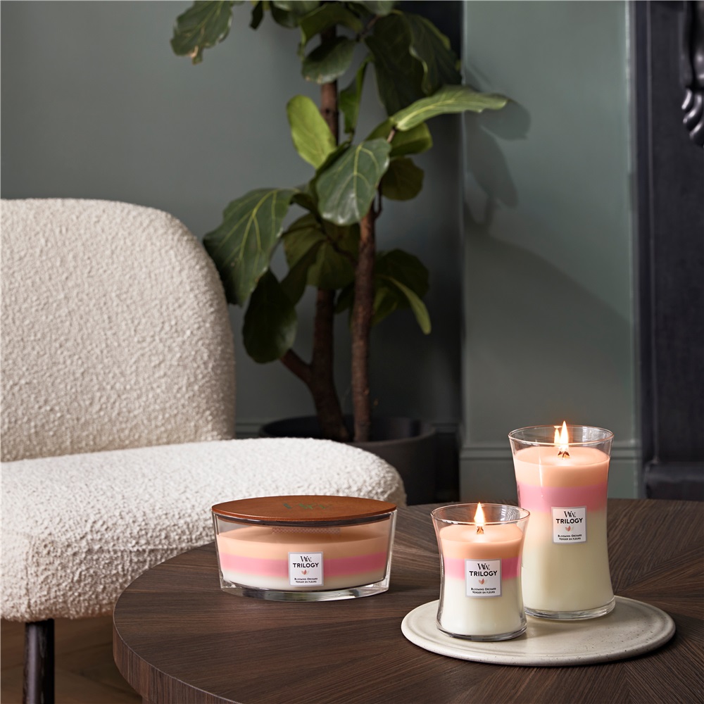 WoodWick Candela Profumata Blooming Orchard Large Jar 609,5 g - Fragranza Fruttata e Floreale in Vetro a Clessidra, Colori Bianco e Rosa