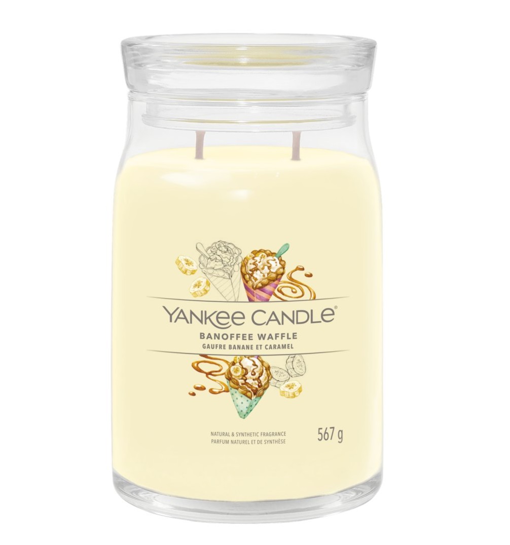 Yankee Candle Banoffee Waffle - Candela Profumata Grande in Giara da 567 g con Doppio Stoppino, Fragranza di Waffle alla Banana, Caramello e Cioccolato