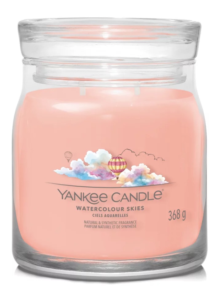 Yankee Candle Watercolour Skies - Candela Profumata in Giara Media 368g con Fragranza Floreale, 2 Stoppini, Tempo di Combustione fino a 50 ore