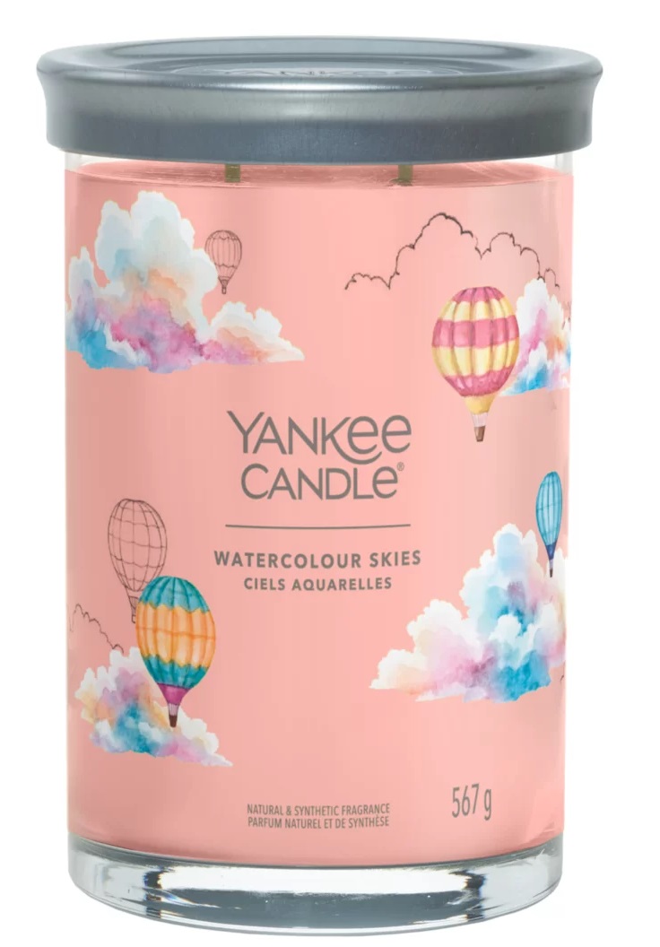 Yankee Candle Watercolour Skies - Candela Profumata Grande 567g con Doppio Stoppino, Fragranza di Cashmere, Gelsomino e Muschio, Tempo di Combustione Fino a 90 Ore