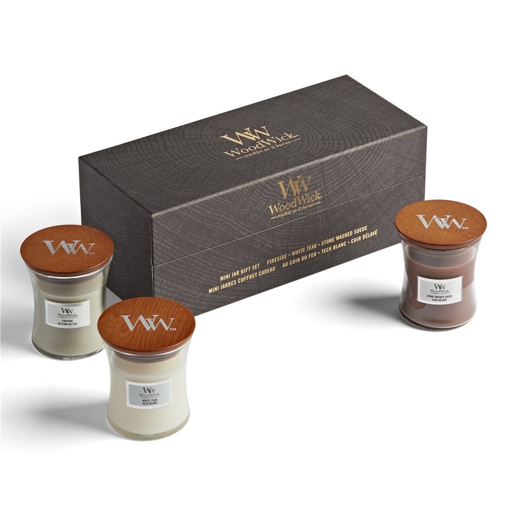 WoodWick Mini Jar Set Regalo 3 Candele Profumate - Fireside, White Teak, Sand & Driftwood - 3x85 g