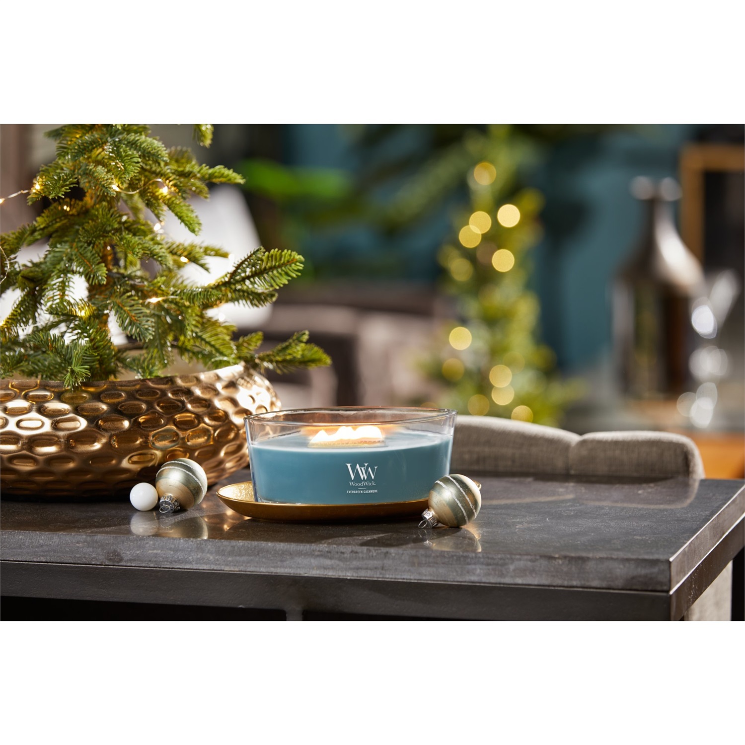 WoodWick Evergreen Cashmere Candela Profumata Ellisse 453,6 g - Fragranza di Pino e Cashmere