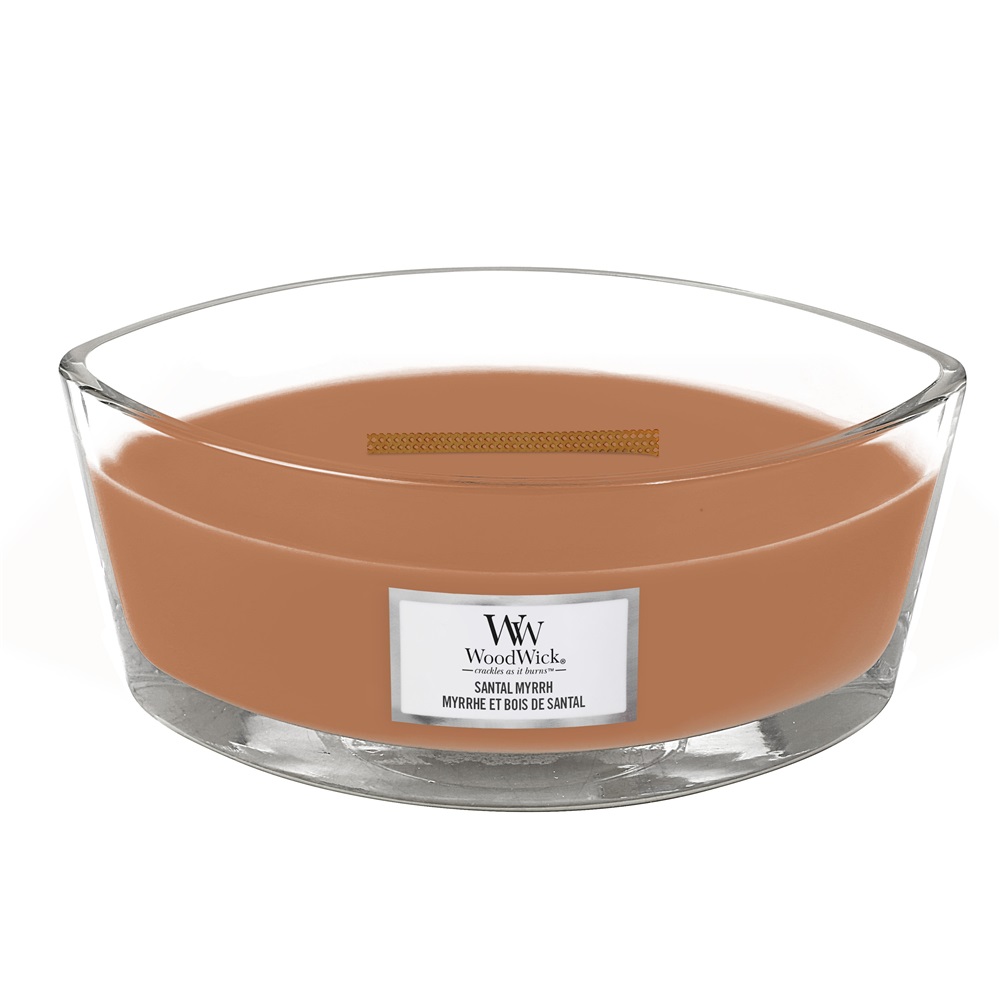 WoodWick Candela Profumata Santal Myrrh Ellisse 453,6 g - Fragranza Legnosa con Note di Mogano e Limone
