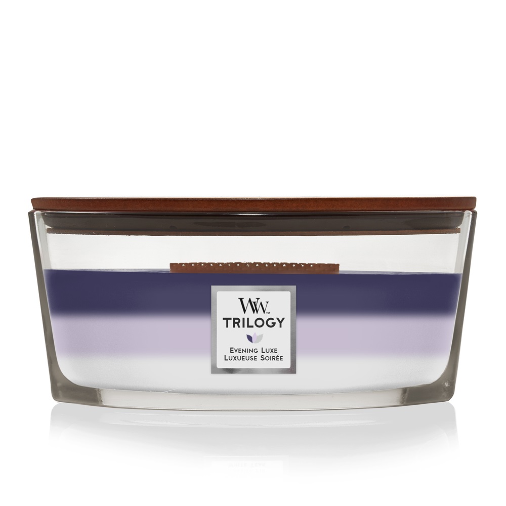 WoodWick Trilogy Evening Luxe Candela Profumata Ellisse 453,6 g - Fragranze Hinoki Dahlia, Lavender Spa e White Teak