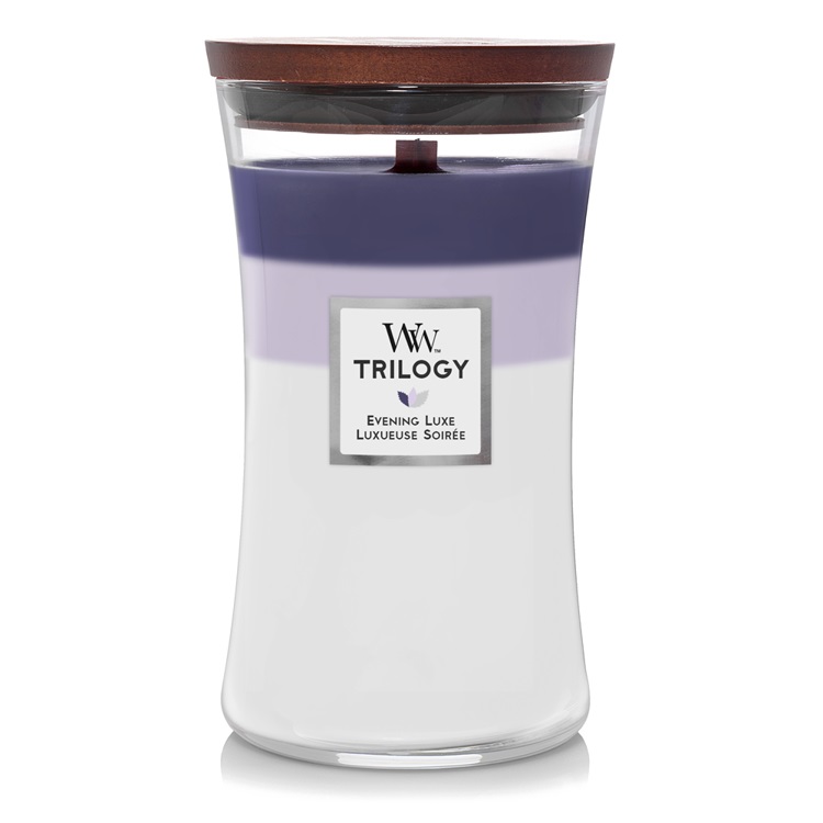 WoodWick Evening Luxe Candela Profumata Grande Cilindrica 610 g con Fragranze Hinoki Dahlia, Lavender Spa e White Teak