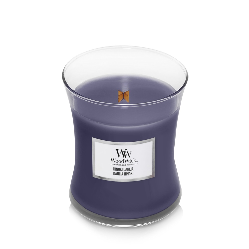 WoodWick Hinoki Dahlia - Candela Profumata 275g con Note di Legno di Cipresso, Prugna Vellutata e Dalia