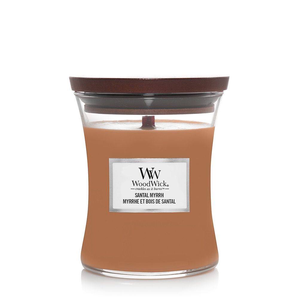 WoodWick Candela Profumata Santal Myrrh 275 g - Media, Colore Marrone, Stoppino in Legno, Fragranza Legnosa