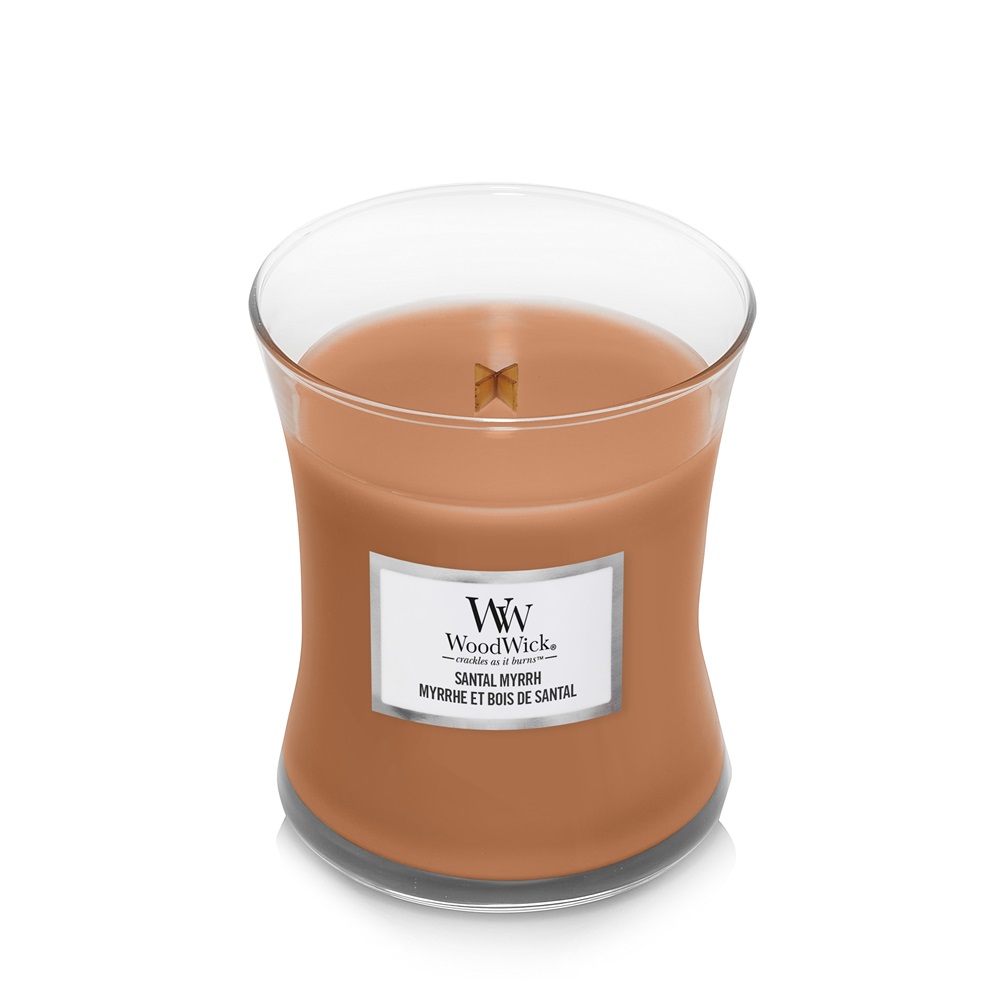 WoodWick Candela Profumata Santal Myrrh 275 g - Media, Colore Marrone, Stoppino in Legno, Fragranza Legnosa