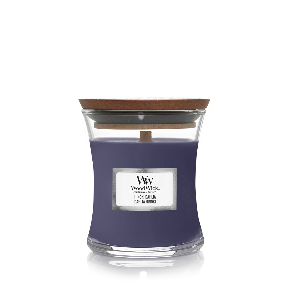 WoodWick Hinoki Dahlia Candela Profumata Clessidra in Vetro Viola 85 g con Stoppino Scoppiettante