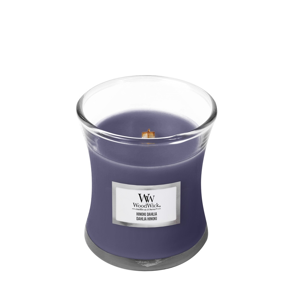 WoodWick Hinoki Dahlia Candela Profumata Clessidra in Vetro Viola 85 g con Stoppino Scoppiettante
