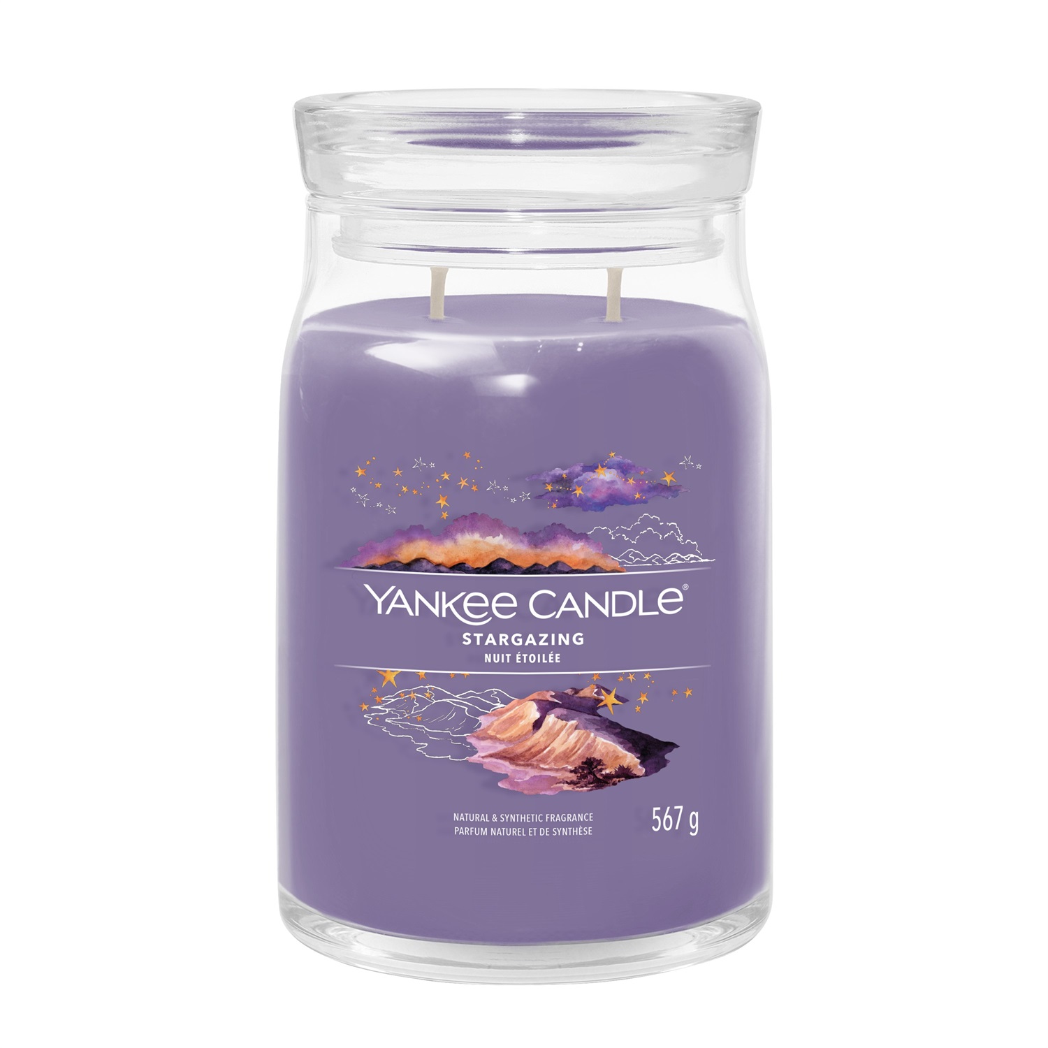 Yankee Candle Stargazing - Candela in Giara Grande 567g con profumo di Lavanda, Eucalipto e Zucchero Vanigliato, Colore Viola, Tempo di Combustione fino a 90 ore
