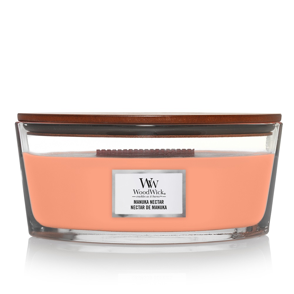 WoodWick Candela Profumata Ellisse Manuka Nectar 453,6 g - Fragranza Fruttata con Pesca, Miele e Vaniglia