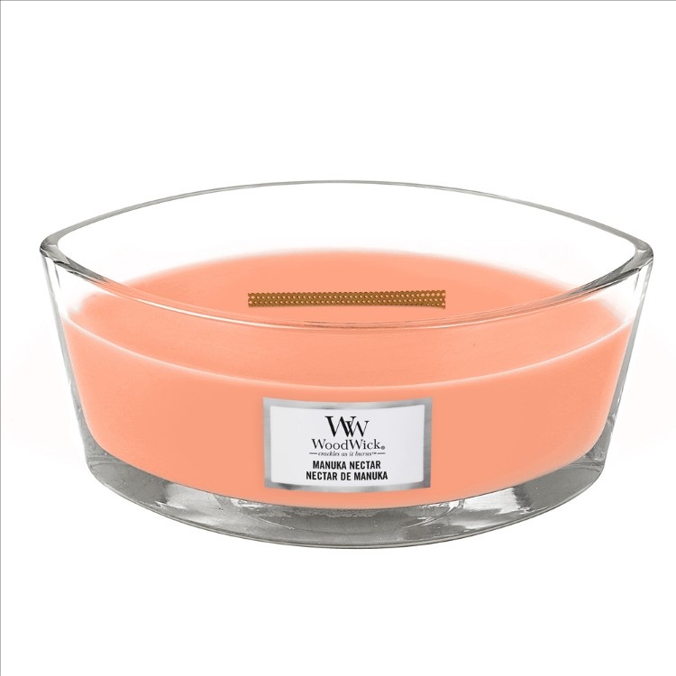 WoodWick Candela Profumata Ellisse Manuka Nectar 453,6 g - Fragranza Fruttata con Pesca, Miele e Vaniglia