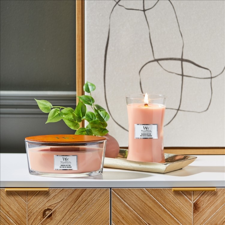 WoodWick Candela Profumata Ellisse Manuka Nectar 453,6 g - Fragranza Fruttata con Pesca, Miele e Vaniglia