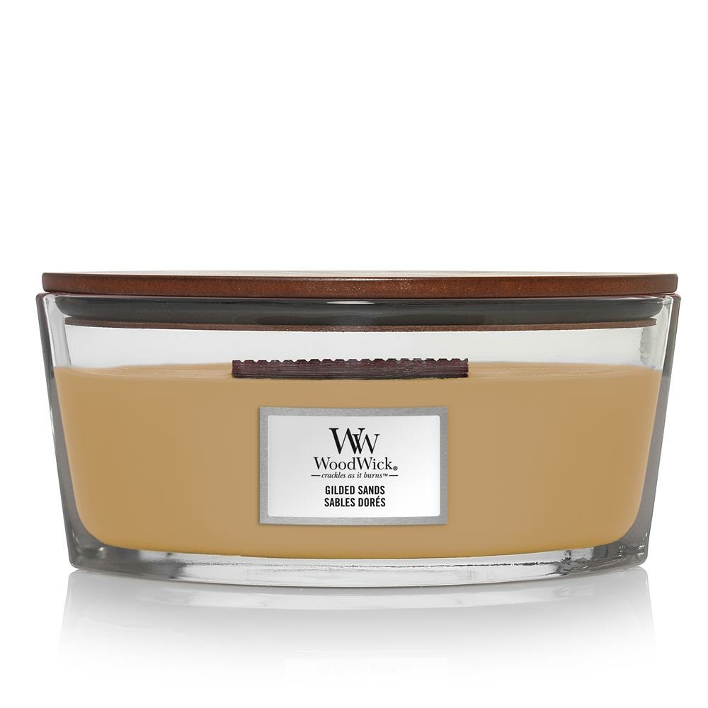 WoodWick Gilded Sands Candela Profumata Ellisse 453 g - Fragranza Fico e Legno di Guaiaco con Stoppino in Legno Naturale