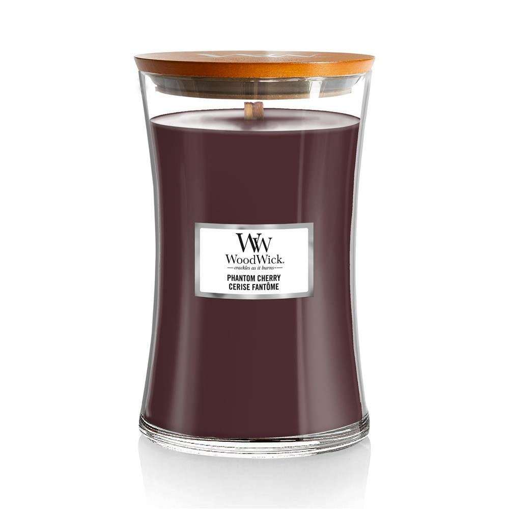 WoodWick Candela Profumata Phantom Cherry 609.5 g - Fragranza di Ciliegia Scura, Ambra Grigia, Cashmere e Vaniglia Affumicata