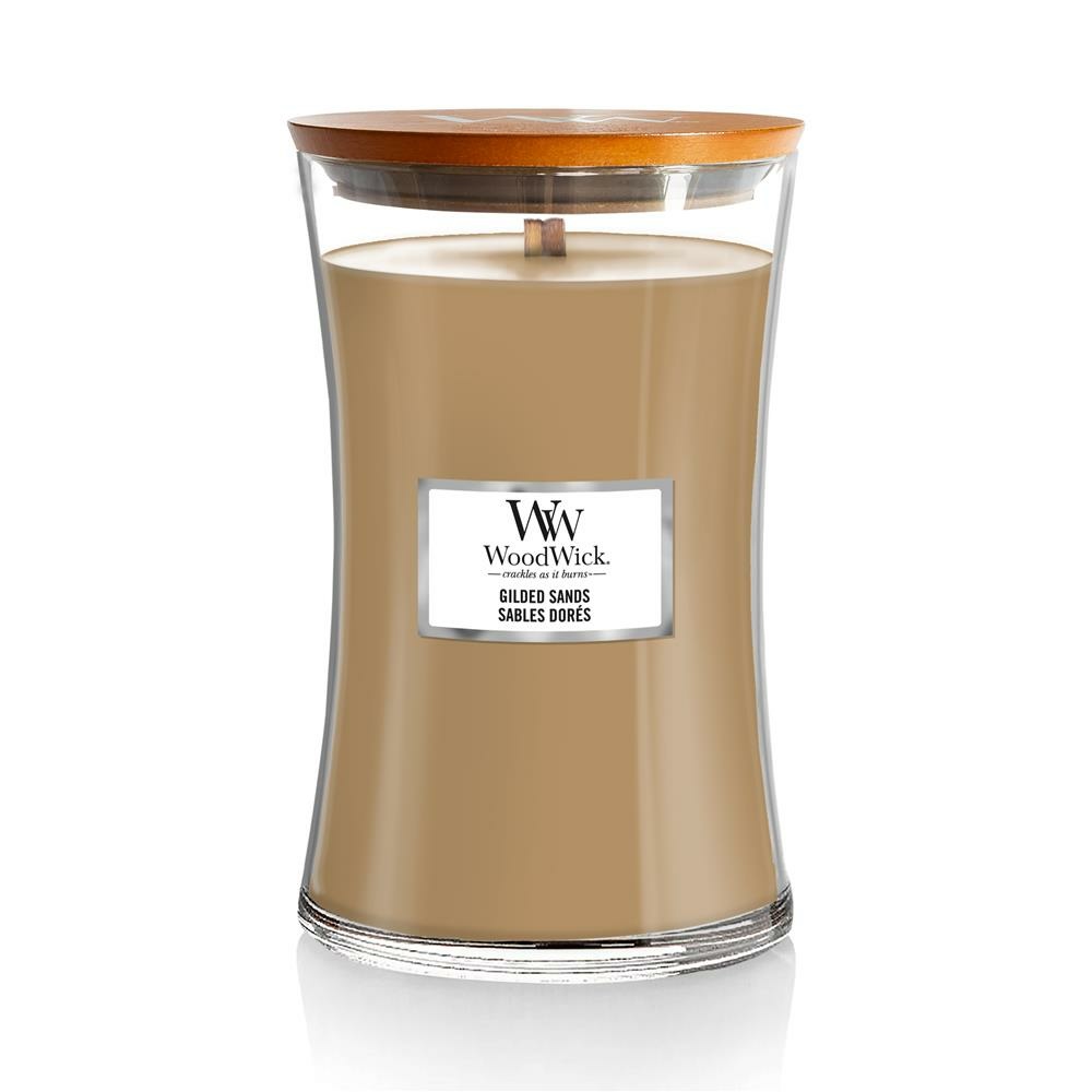 WoodWick Gilded Sands Candela Profumata 610 g - Fragranza Aria del Deserto, Fico e Legno di Guaiaco, Vetro con Stoppino in Legno