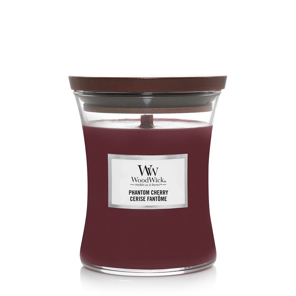 WoodWick Phantom Cherry - Candela Profumata Clessidra 275g con Fragranza di Ciliegia Scura, Legno d'Ambra, Cashmere e Vaniglia Affumicata