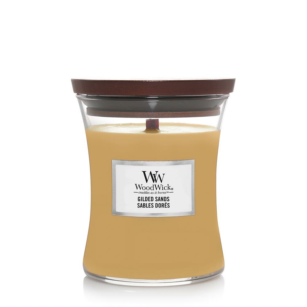 WoodWick Gilded Sands Candela Profumata 275 g - Fragranza Aria del Deserto, Fico e Legno di Guaiaco, Design Clessidra con Stoppino in Legno
