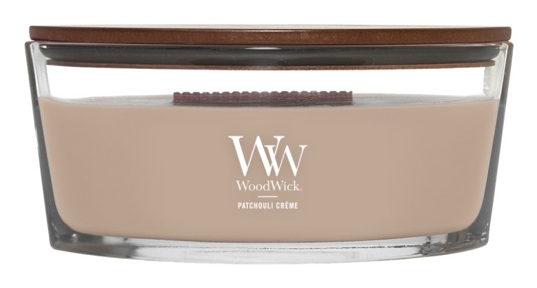 WoodWick Patchouli Crème Candela Profumata Ellittica 453.6 g con Stoppino Scoppiettante - Fino a 50 Ore di Combustione