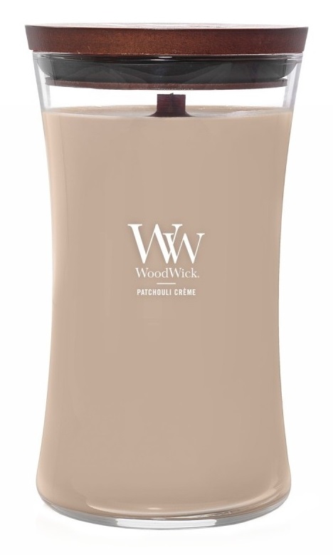 WoodWick Candela Profumata Patchouli Crème 609g - Candela a Clessidra con Stoppino Scoppiettante, Fino a 130 Ore di Durata