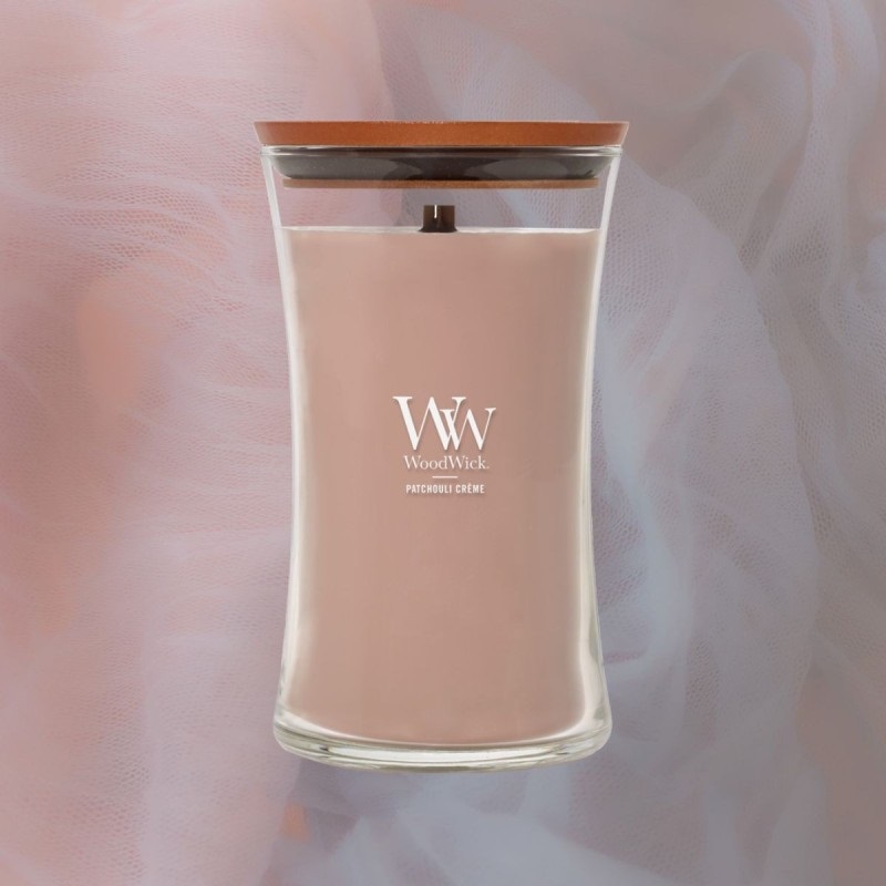 WoodWick Candela Profumata Patchouli Crème 609g - Candela a Clessidra con Stoppino Scoppiettante, Fino a 130 Ore di Durata