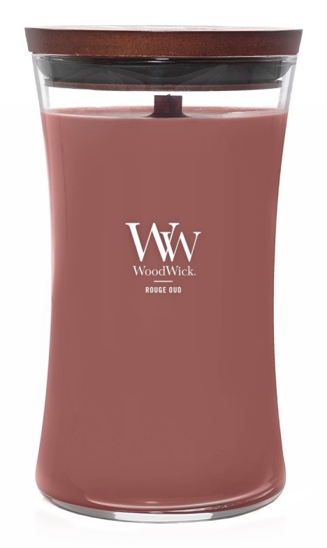 WoodWick Candela profumata Rouge Oud - Media, con stoppino scoppiettante, durata fino a 60 ore, aromi di rosa damascena e spezie