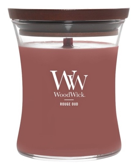 WoodWick Candela Profumata Rouge Oud 275 g - Stoppino Scoppiettante, Fragranza di Rosa Damascena e Oud, Lunga Combustione Fino a 60 Ore