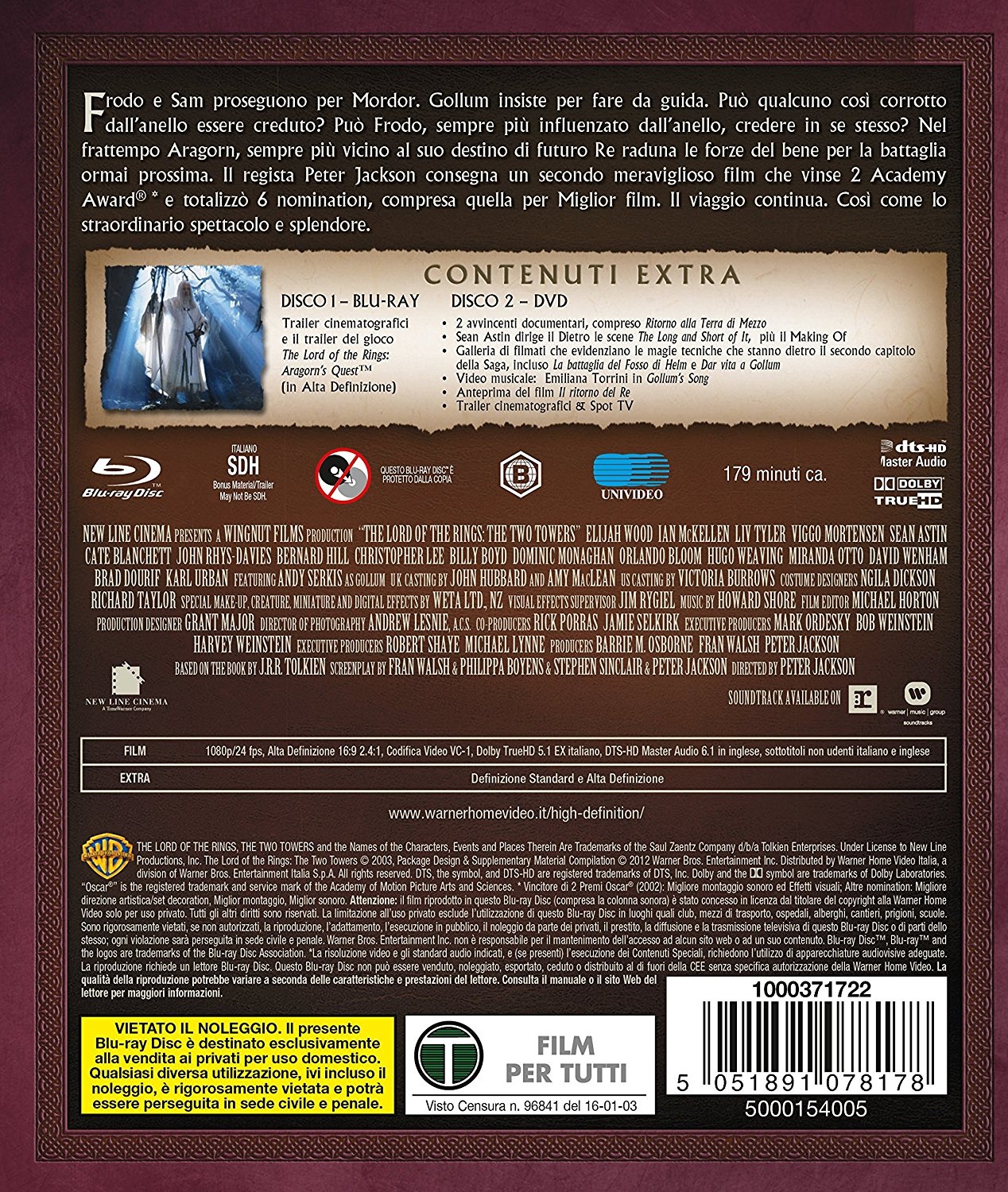 Warner Home Video Il Signore degli Anelli: Le Due Torri - Blu-Ray DVD - Film di Peter Jackson - Genere: Fantasy/Fantastico