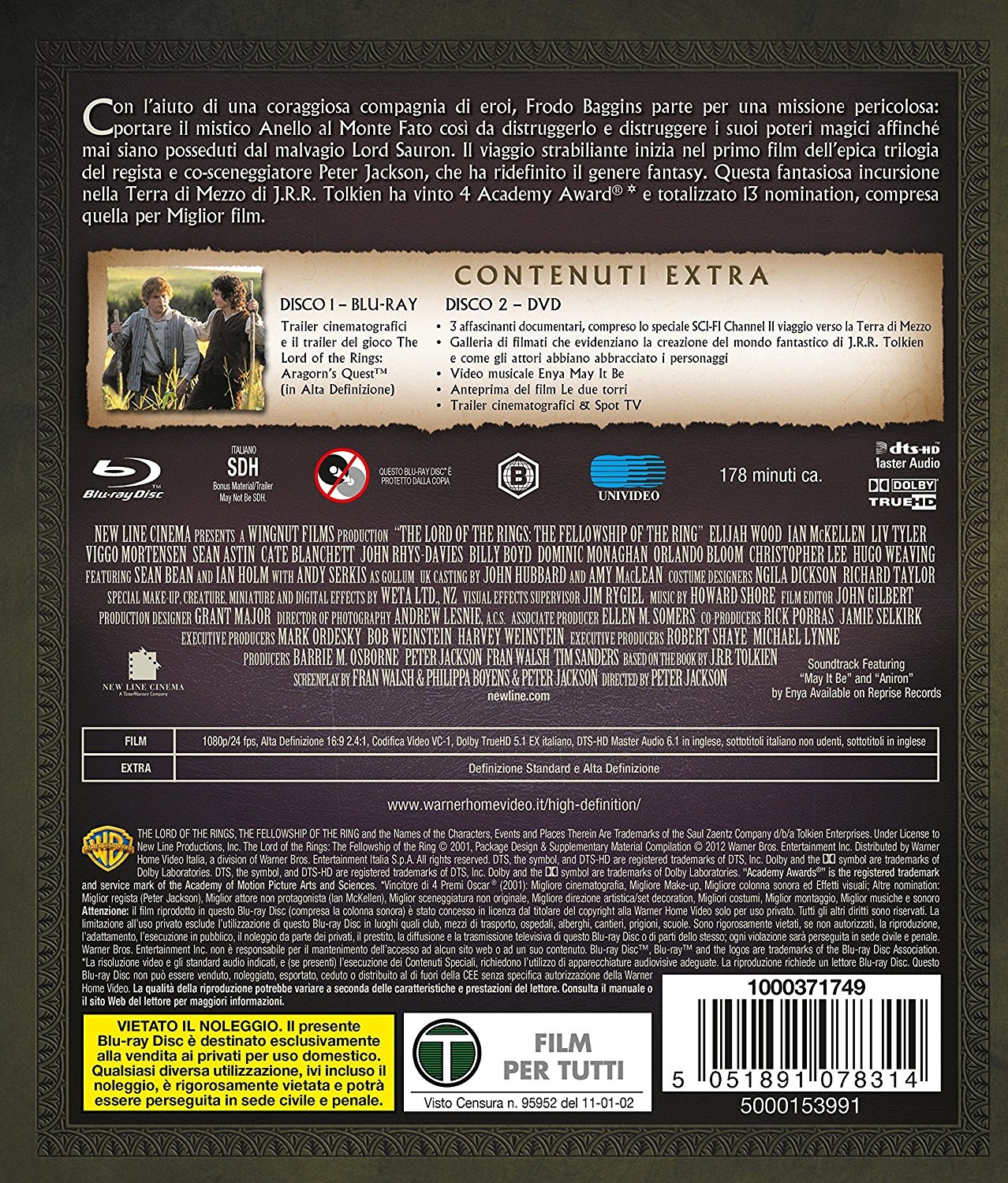 Warner Home Video Il Signore degli Anelli: La Compagnia dell'Anello (Blu-Ray DVD) - Fantasy/Fantastico, Valutazione PG-13
