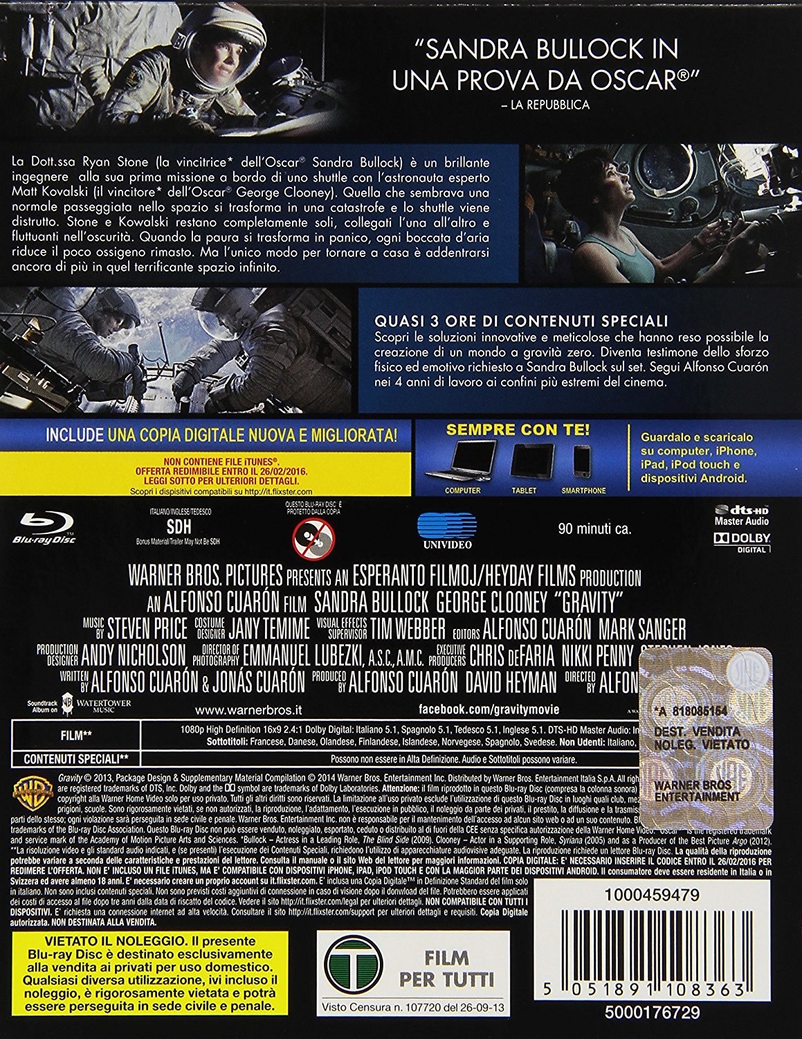 Warner Bros. Gravity (Blu-Ray) - Film di Fantascienza di Alfonso Cuaron con Sandra Bullock e George Clooney