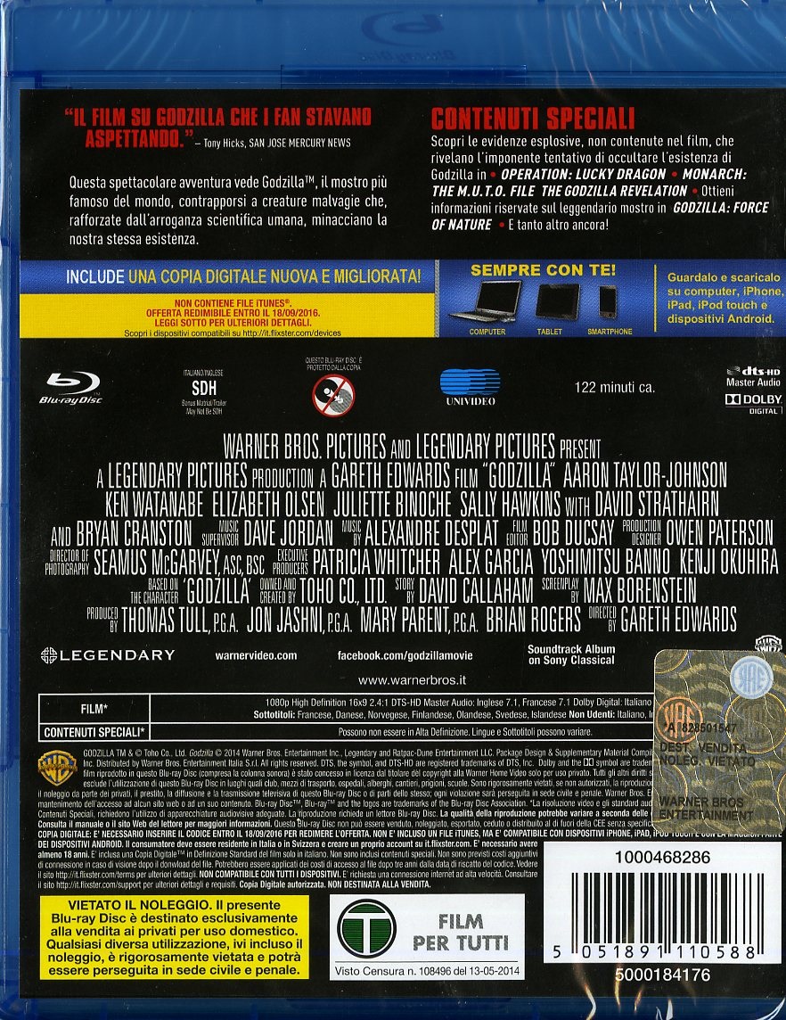 Warner Home Video Godzilla (2014) - Blu-Ray Azione, Regia di Gareth Edwards, con Aaron Taylor-Johnson, Edizione Nuova con Copia Digitale