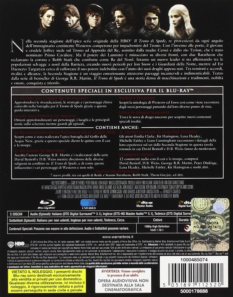Warner Home Video Il Trono di Spade - Stagione 2 (5 Blu-Ray, Nuovo Sigillato, Slipcase)