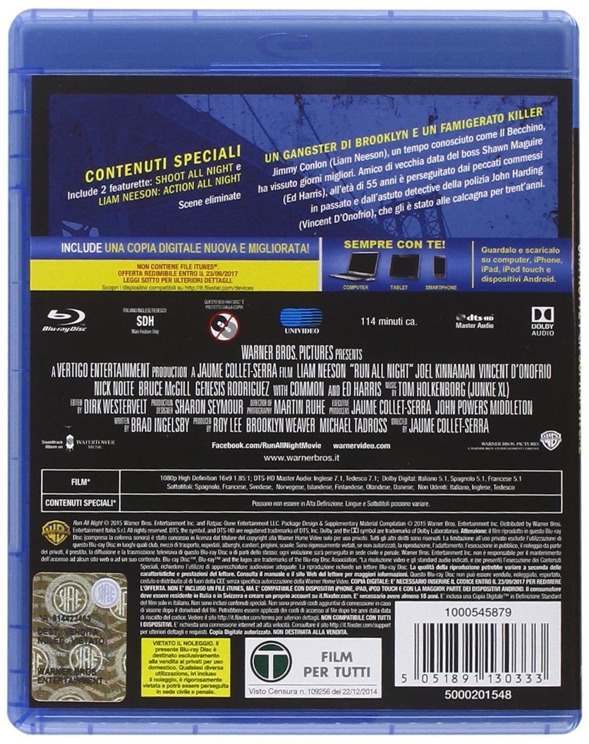 Warner Home Video Run All Night - Una Notte per Sopravvivere (Blu-Ray) - Film di Azione con Liam Neeson e Ed Harris