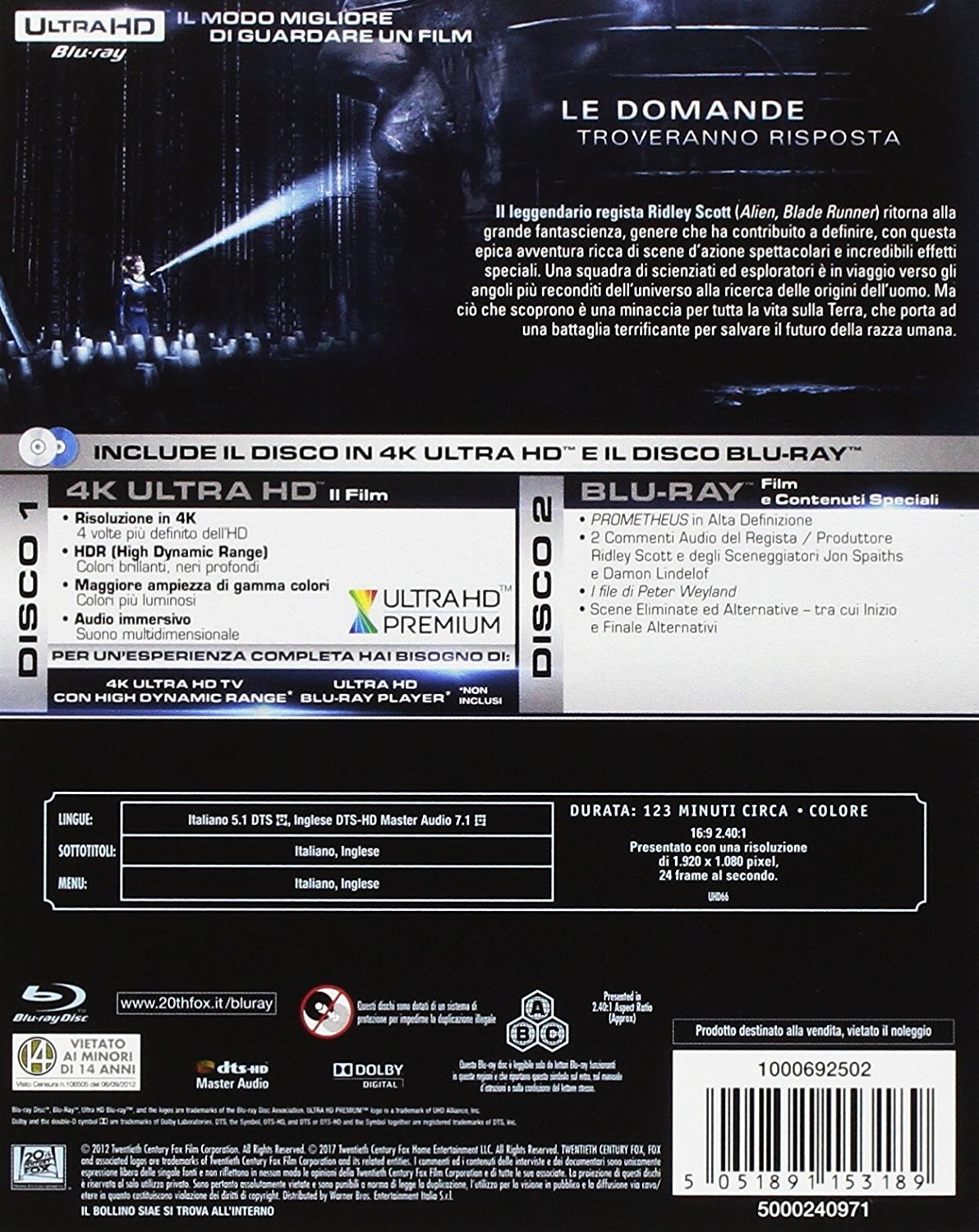 20th Century Studios Prometheus (4K Ultra HD Blu-Ray) - Film di Fantascienza di Ridley Scott con Michael Fassbender