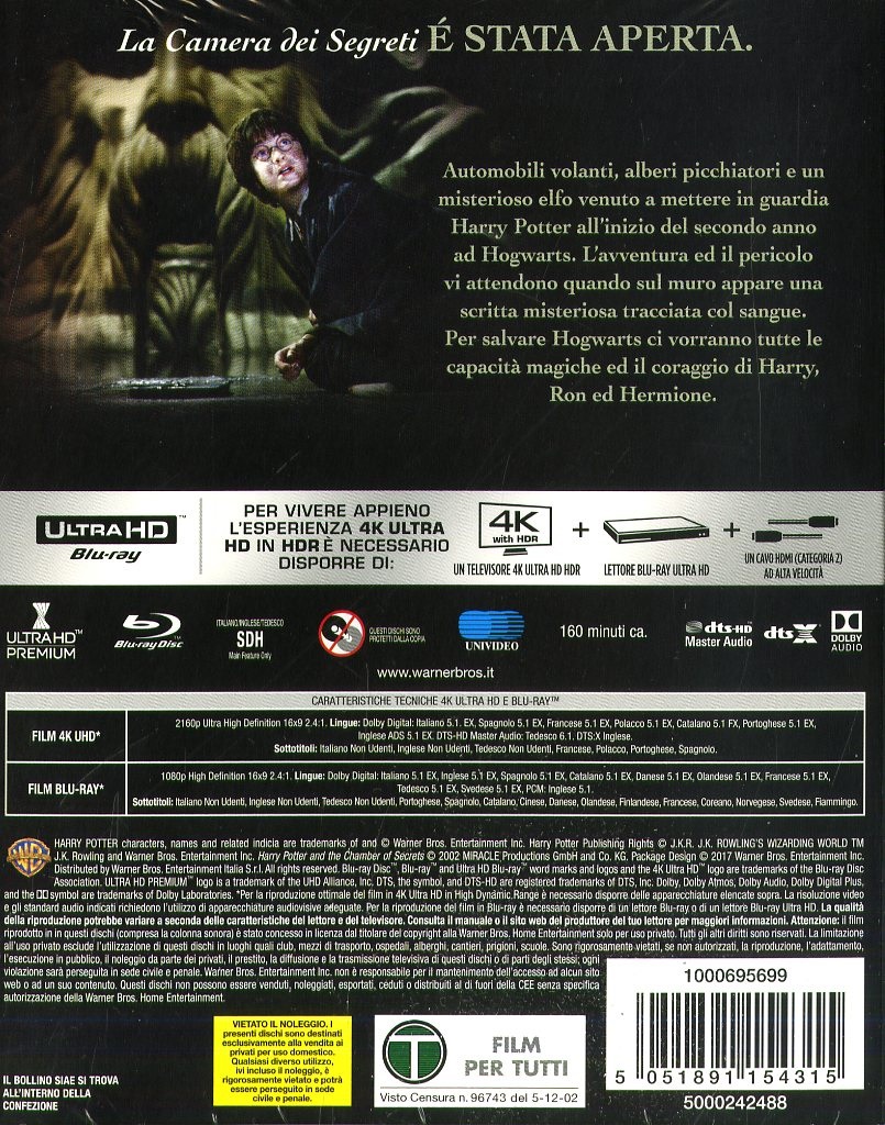 Warner Bros. Harry Potter e la Camera dei Segreti - 4K Ultra HD Blu-Ray - Fantasy/Fantastico - Valutazione G