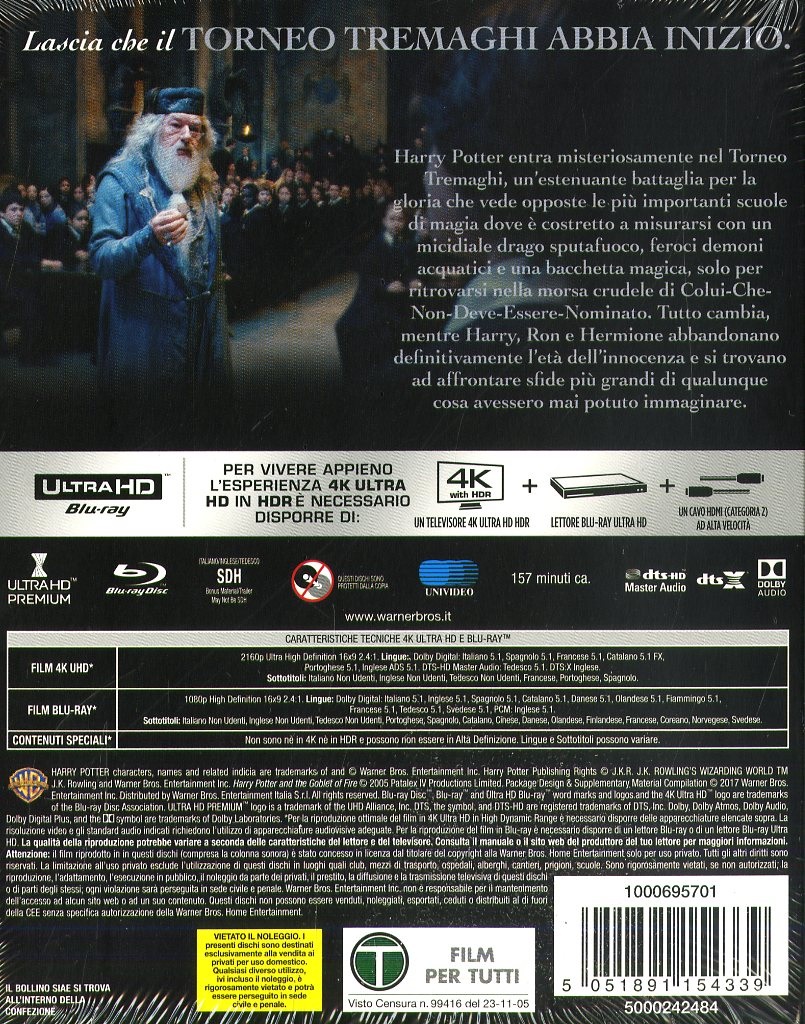Warner Bros Harry Potter e il Calice di Fuoco - 4K Ultra HD Blu-Ray - Genere: Fantasy/Fantastico