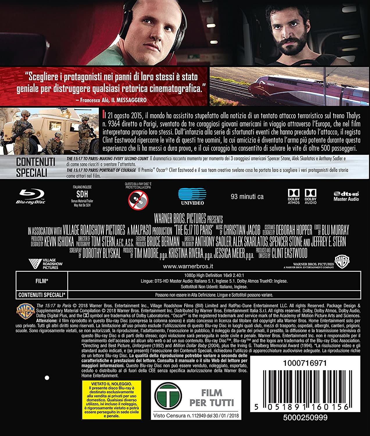 Warner Home Video - 15:17 Attacco al Treno (Blu-Ray) - Film di Clint Eastwood con Spencer Stone, Anthony Sadler e Alek Skarlatos