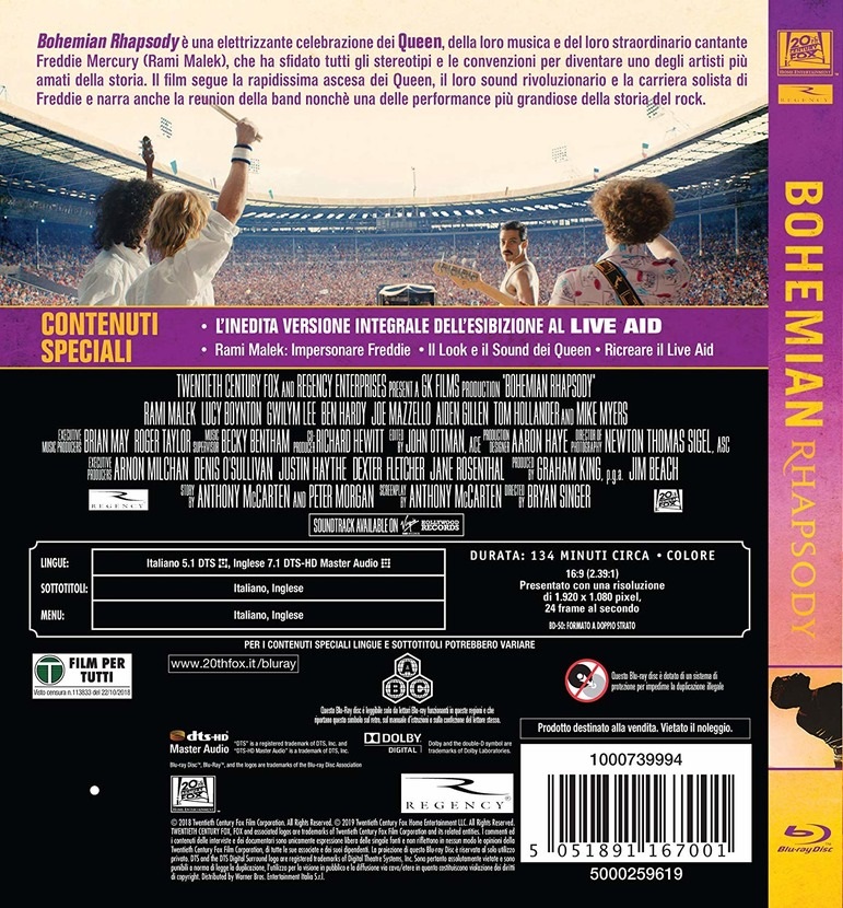 20th Century Fox Bohemian Rhapsody - Blu-ray Full HD PAL, Schermo panoramico, Regia di Bryan Singer, Genere Biografico