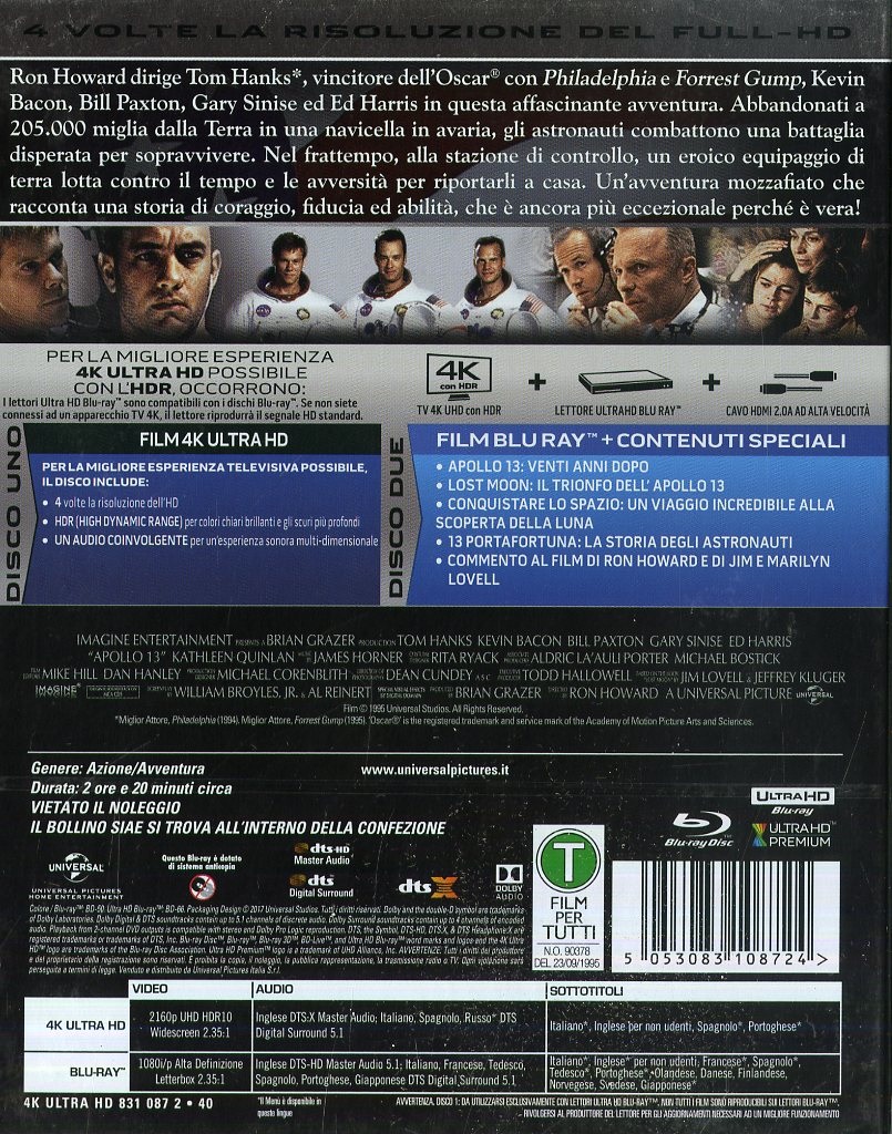 Universal Pictures Apollo 13 (4K Ultra HD Blu-Ray) - Film Drammatico con Tom Hanks, Kevin Bacon, Ed Harris
