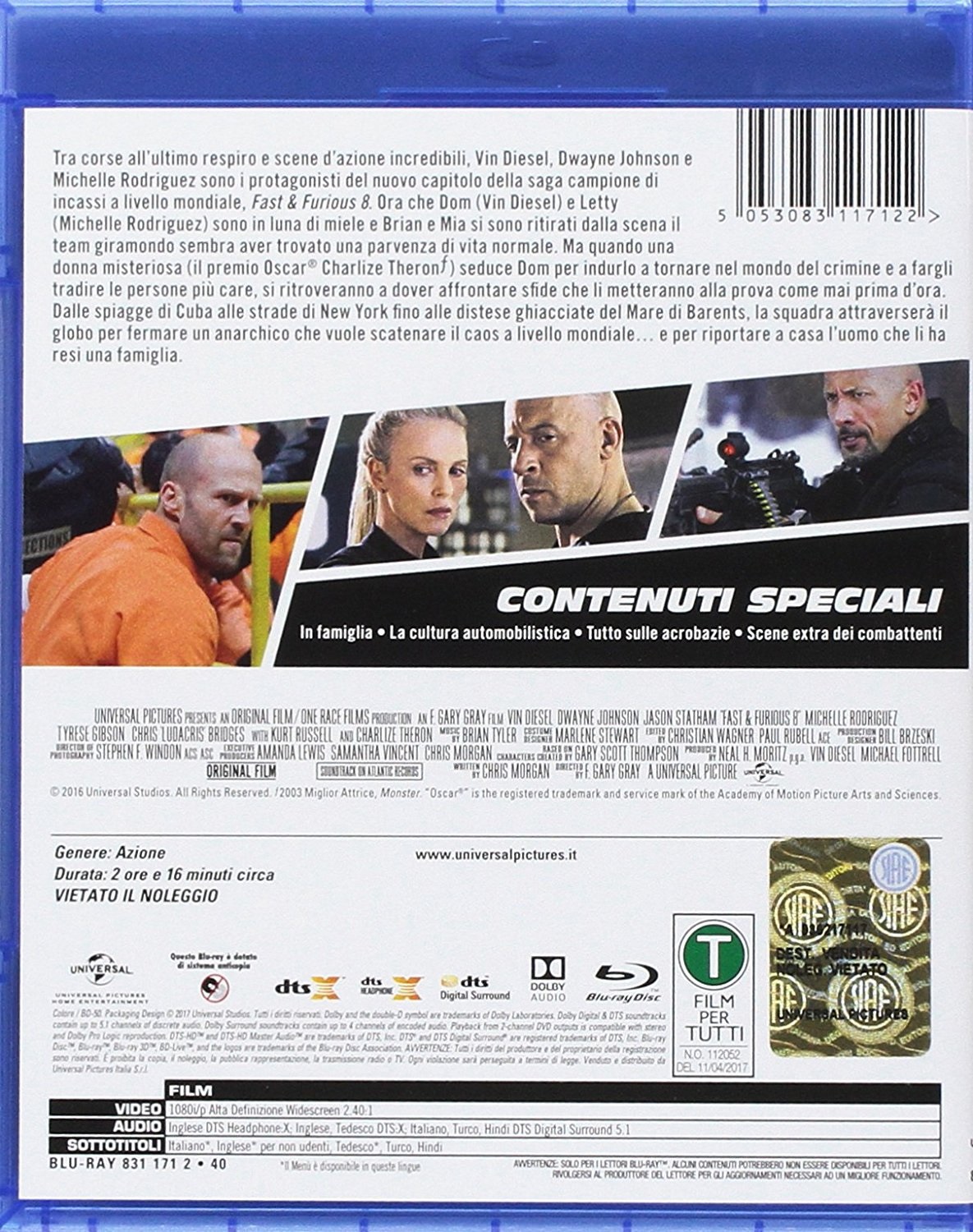 Universal Fast & Furious 8 - Blu-Ray Azione, Dwayne Johnson, Vin Diesel, Charlize Theron, Regia di F. Gary Gray, Nuovo e Sigillato