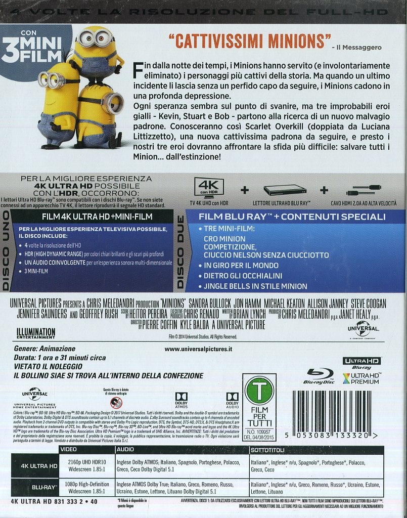 Universal Minions (4K Ultra HD Blu-Ray) - Animazione Digitale, Valutazione G, con Sandra Bullock, Jon Hamm e Michael Keaton