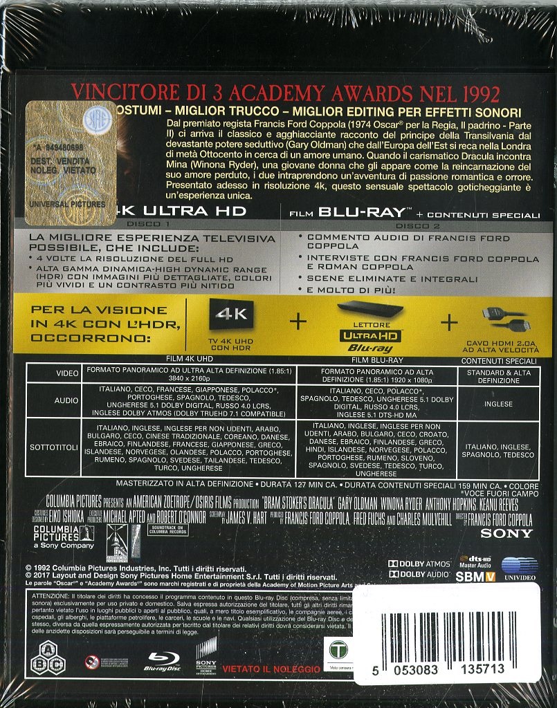 Sony Pictures Bram Stoker's Dracula - 4K Ultra HD Blu-Ray - Horror con Gary Oldman e Winona Ryder