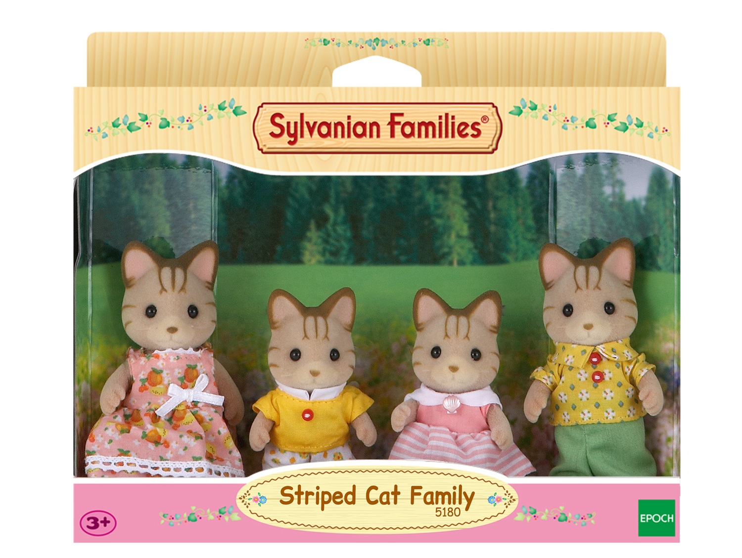 Sylvanian Families 5180 - Famiglia Gatti Striati con 1 Mamma, 1 Papà e 2 Cuccioli, Indumenti in Tessuto Rimovibile