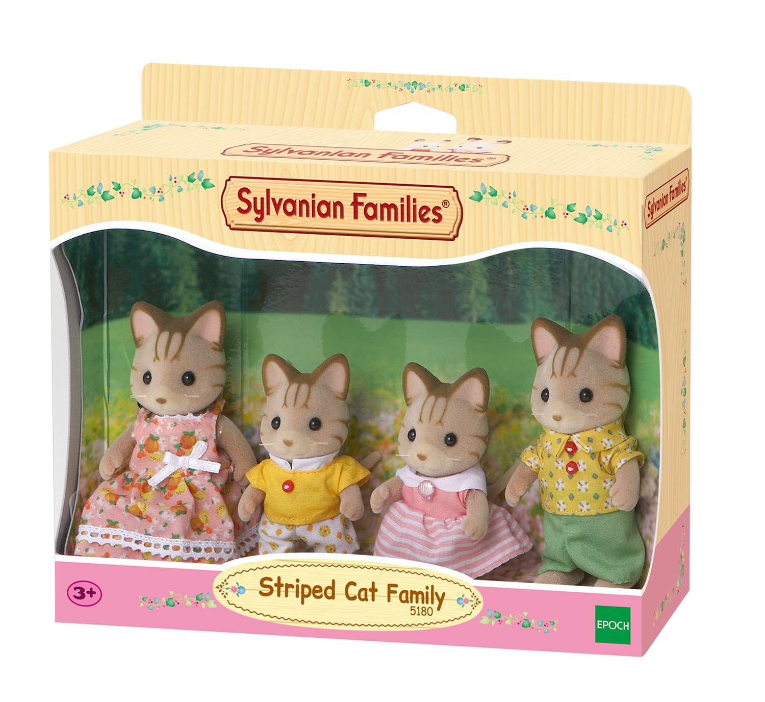 Sylvanian Families 5180 - Famiglia Gatti Striati con 1 Mamma, 1 Papà e 2 Cuccioli, Indumenti in Tessuto Rimovibile