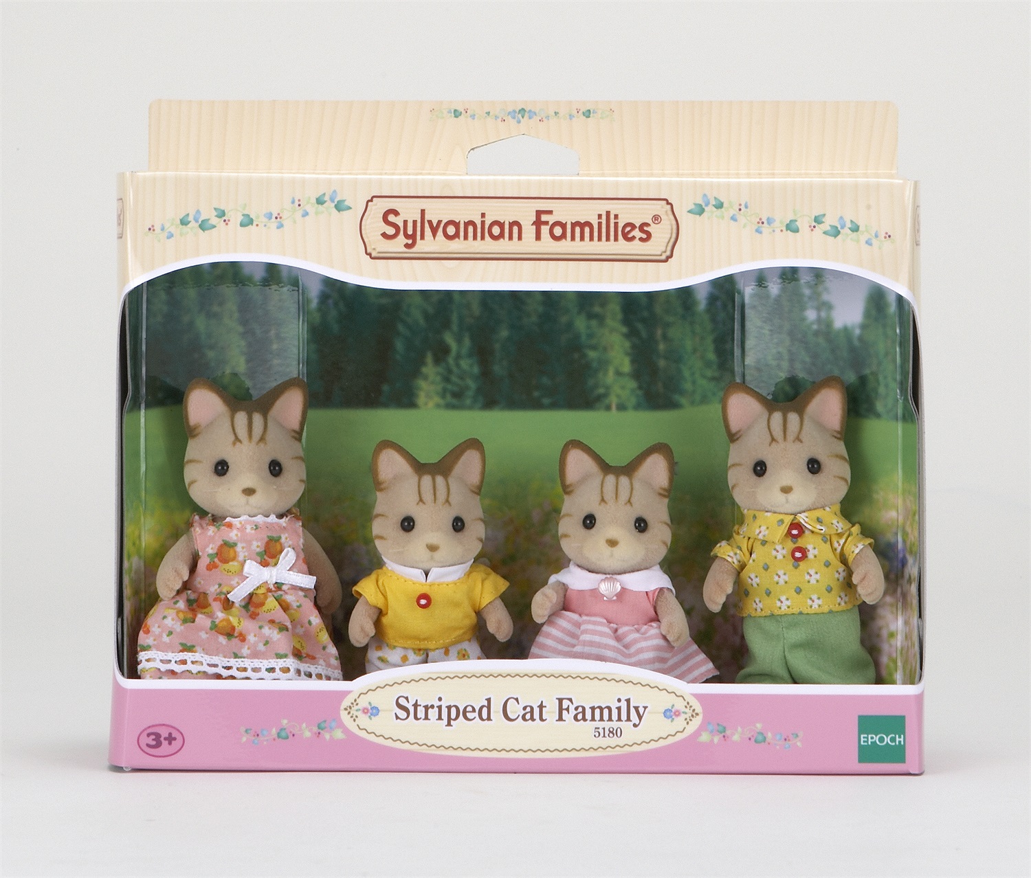 Sylvanian Families 5180 - Famiglia Gatti Striati con 1 Mamma, 1 Papà e 2 Cuccioli, Indumenti in Tessuto Rimovibile