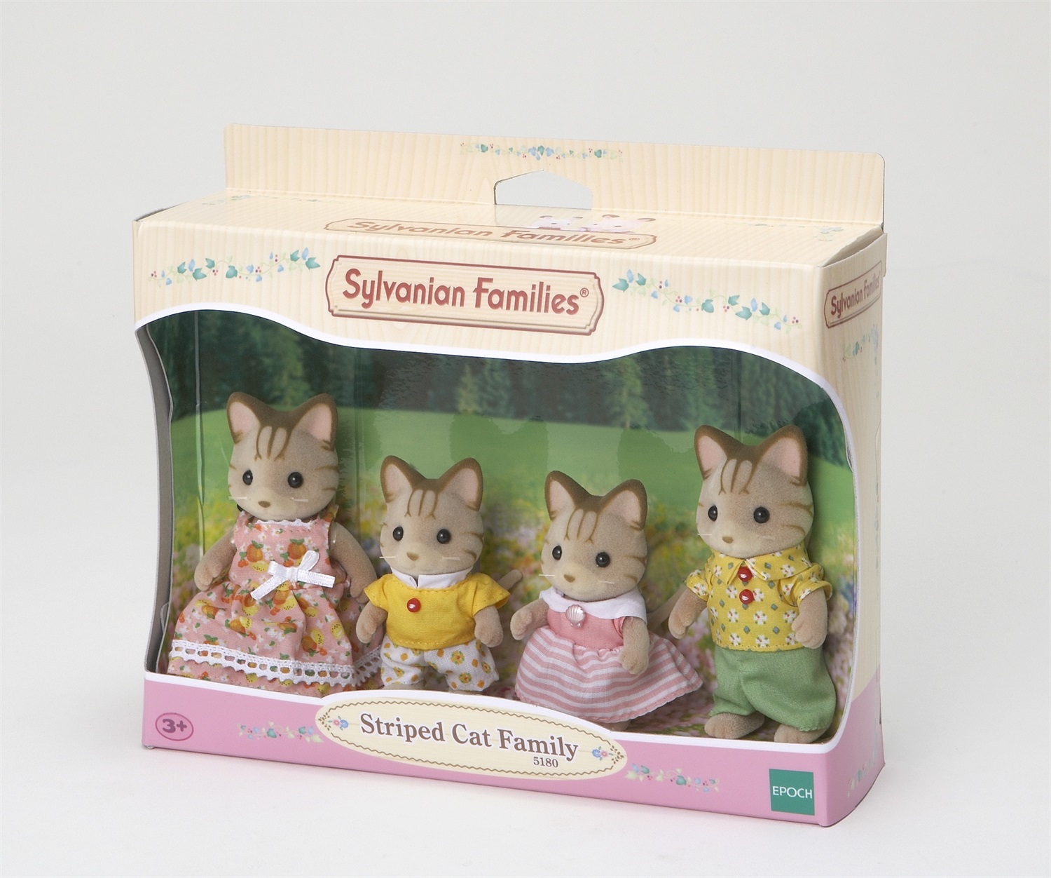 Sylvanian Families 5180 - Famiglia Gatti Striati con 1 Mamma, 1 Papà e 2 Cuccioli, Indumenti in Tessuto Rimovibile